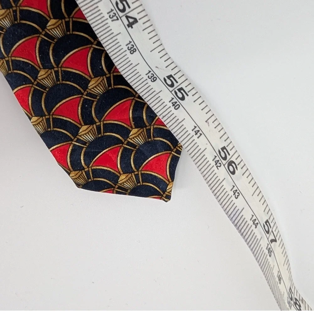Lanvin Paris Silk Necktie Mens VTG Red Blue Gold Art Deco Scallop Made in France